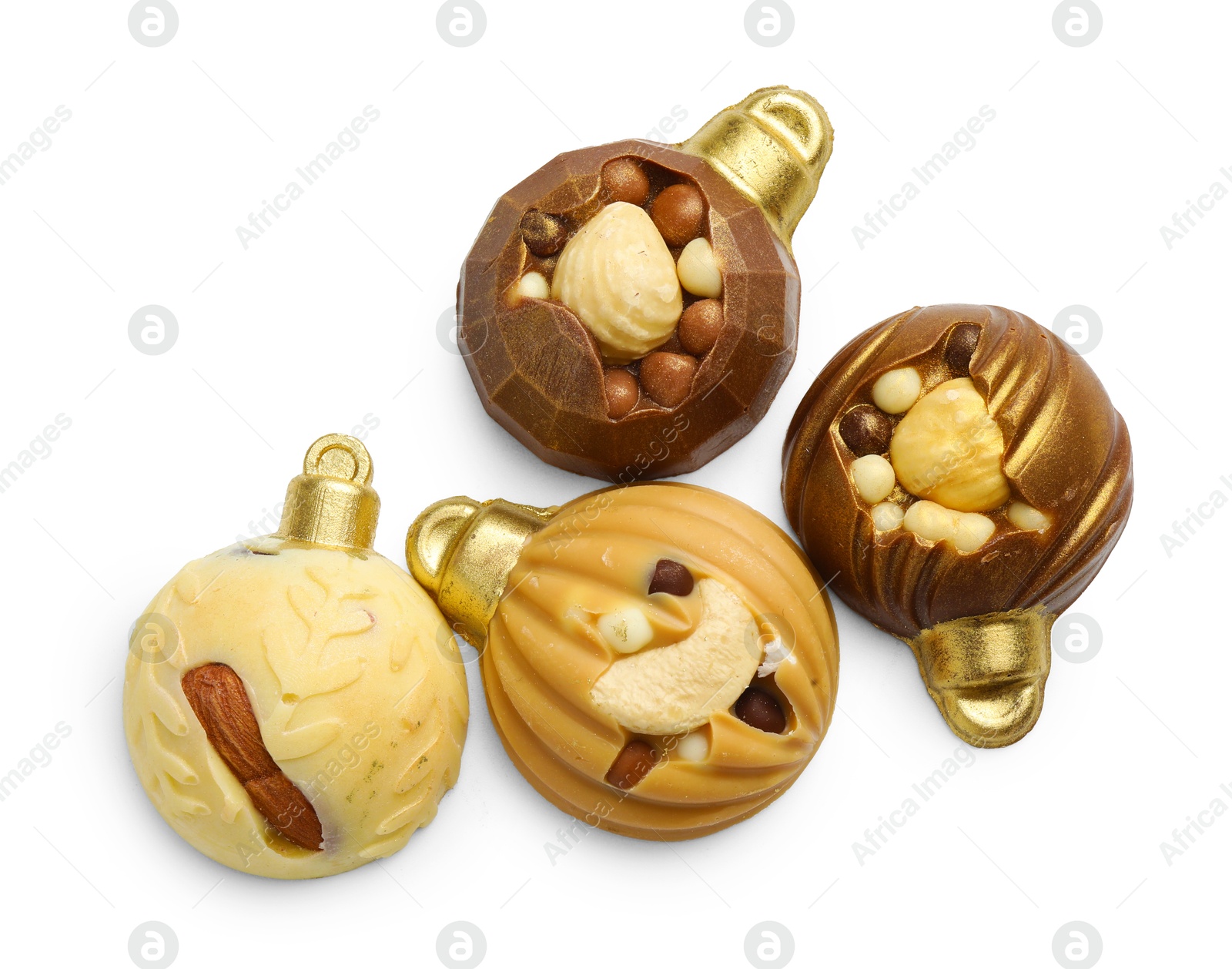 Photo of Delicious chocolate in shape of Christmas baubles isolated on white, top view