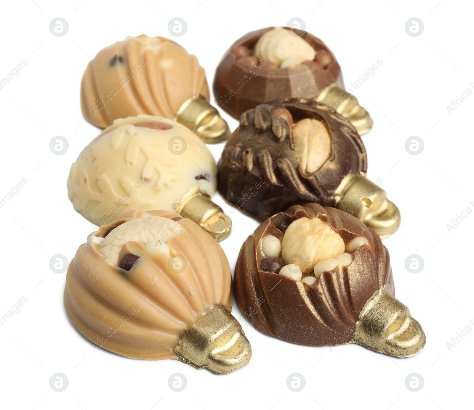 Photo of Delicious chocolate in shape of Christmas baubles isolated on white