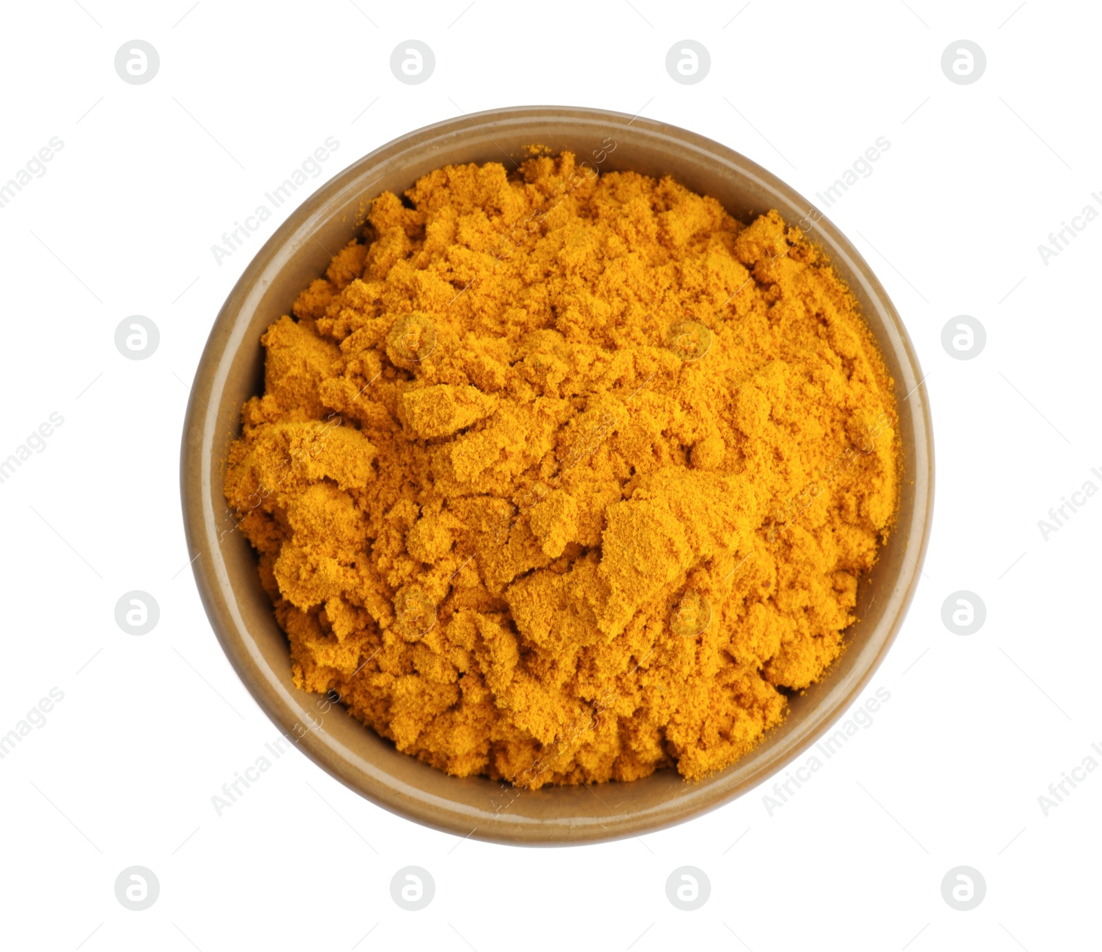 Photo of Turmeric powder in bowl isolated on white, top view