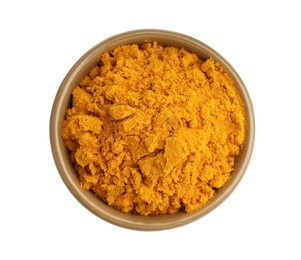 Photo of Turmeric powder in bowl isolated on white, top view