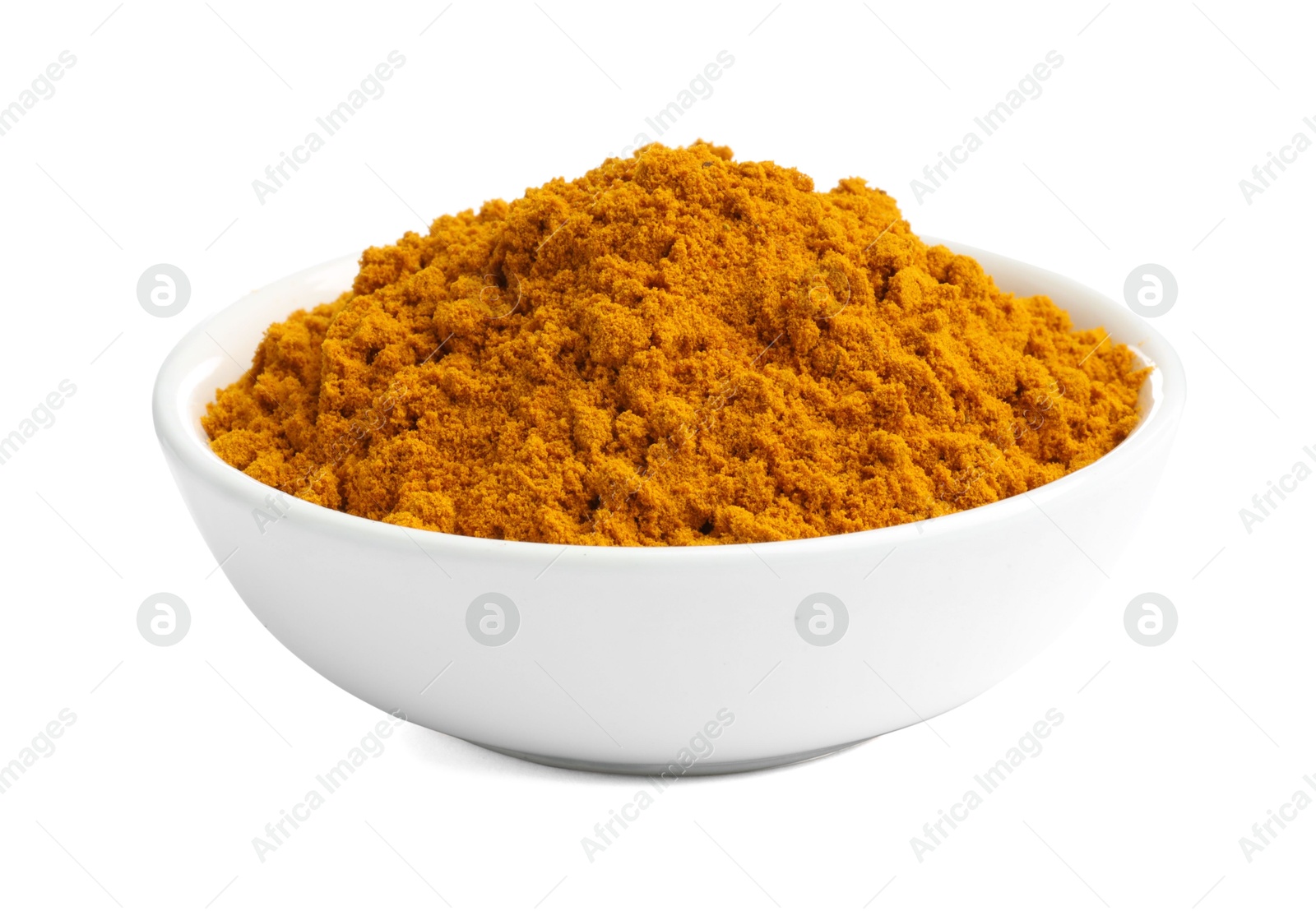 Photo of Turmeric powder in bowl isolated on white