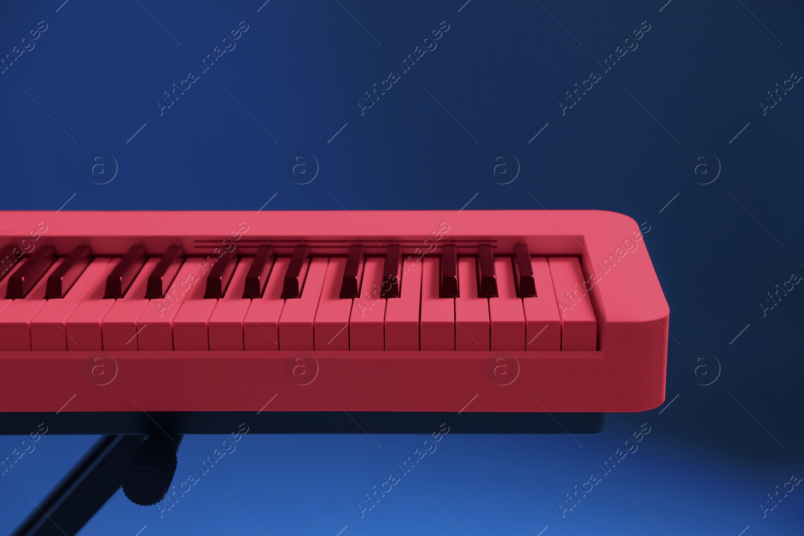 Image of Bright pink synthesizer on blue background, closeup. Electronic musical instrument