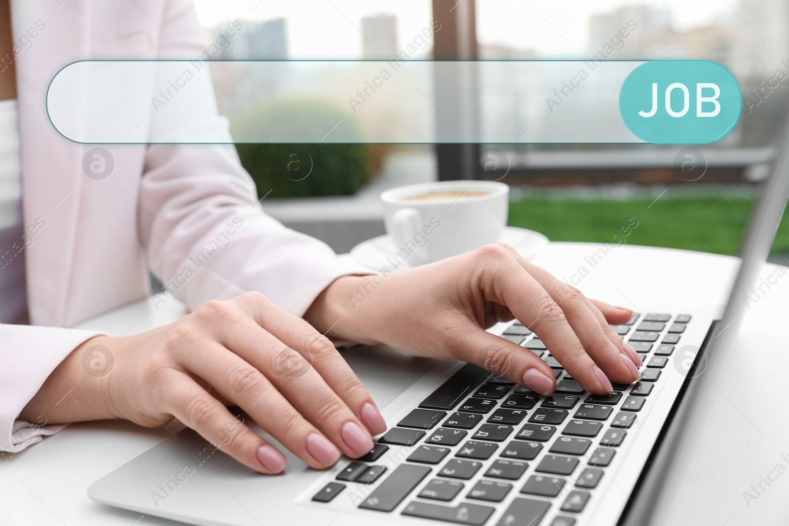 Image of Job Search. Woman using laptop at table, closeup. Search bar with word