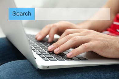 Image of Job Search. Man using laptop, closeup. Search bar with word