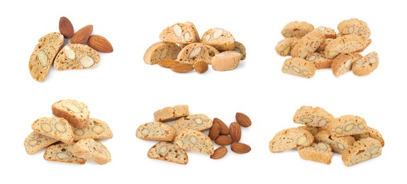 Image of Tasty cookies with almond nuts isolated on white, set. Traditional Italian Cantuccini