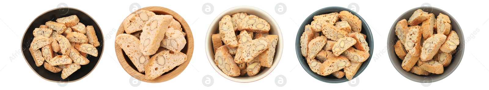 Image of Set of tasty cookies with almond nuts in bowls isolated on white, top view. Traditional Italian Cantuccini