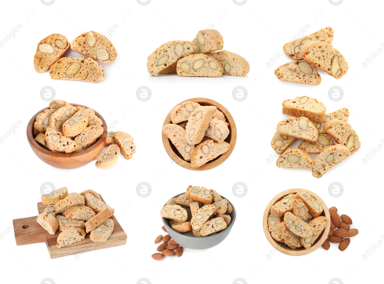 Image of Tasty cookies with almond nuts isolated on white, set. Traditional Italian Cantuccini