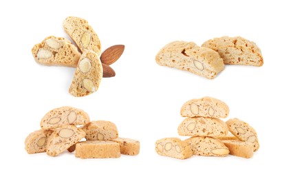 Image of Tasty cookies with almond nuts isolated on white, set. Traditional Italian Cantuccini