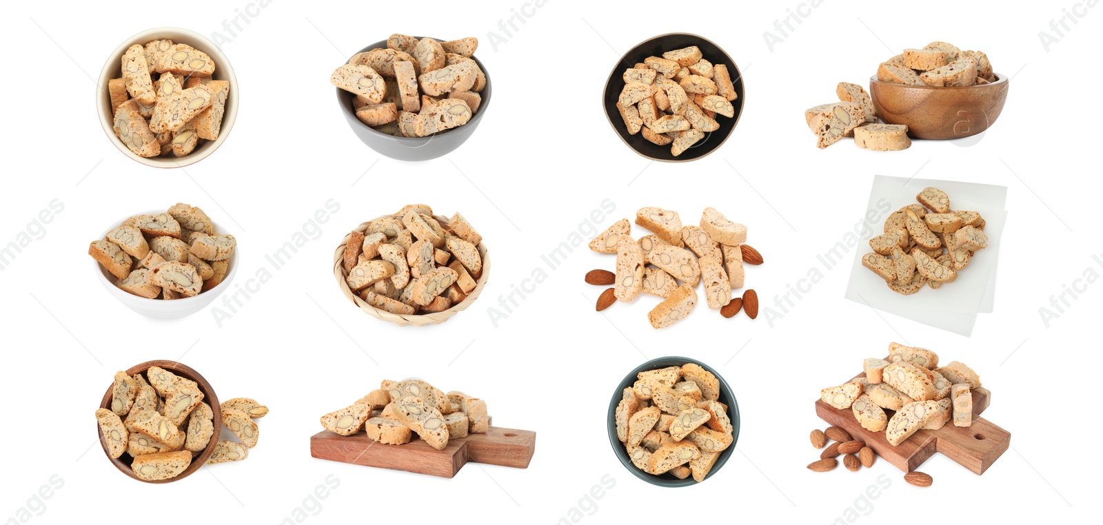 Image of Tasty cookies with almond nuts isolated on white, set. Traditional Italian Cantuccini