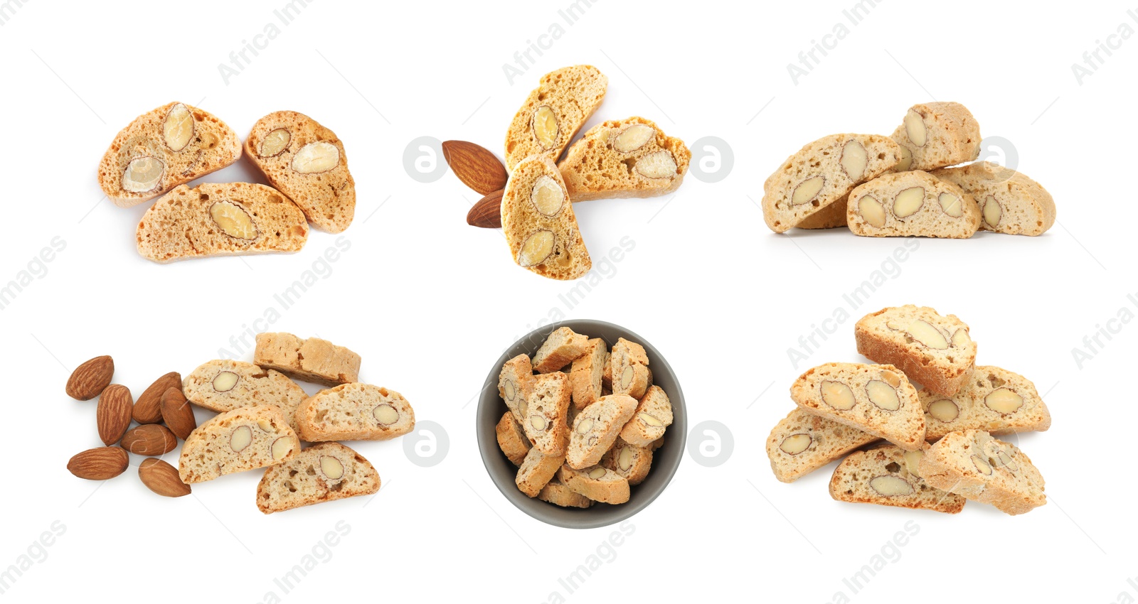 Image of Tasty cookies with almond nuts isolated on white, set. Traditional Italian Cantuccini