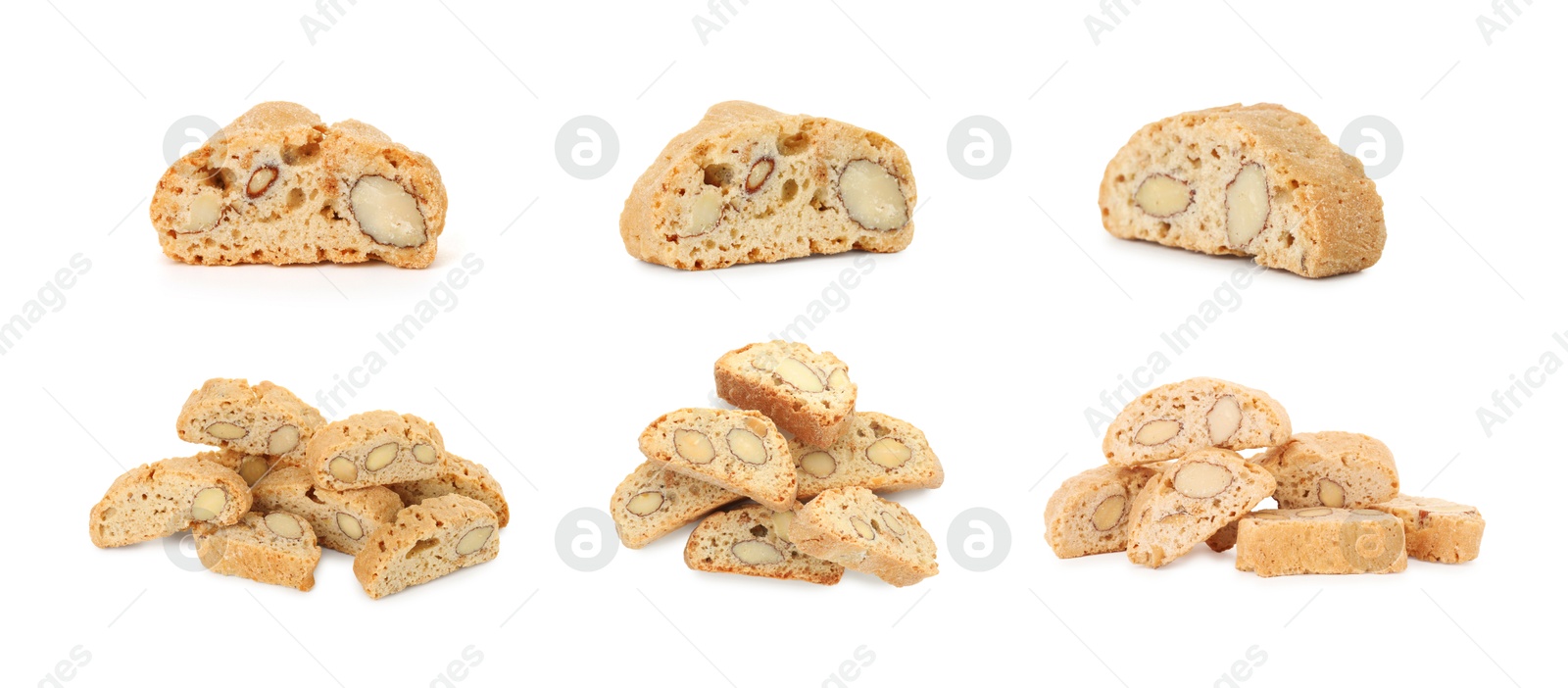 Image of Tasty cookies with almond nuts isolated on white, set. Traditional Italian Cantuccini