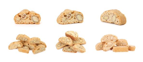 Image of Tasty cookies with almond nuts isolated on white, set. Traditional Italian Cantuccini