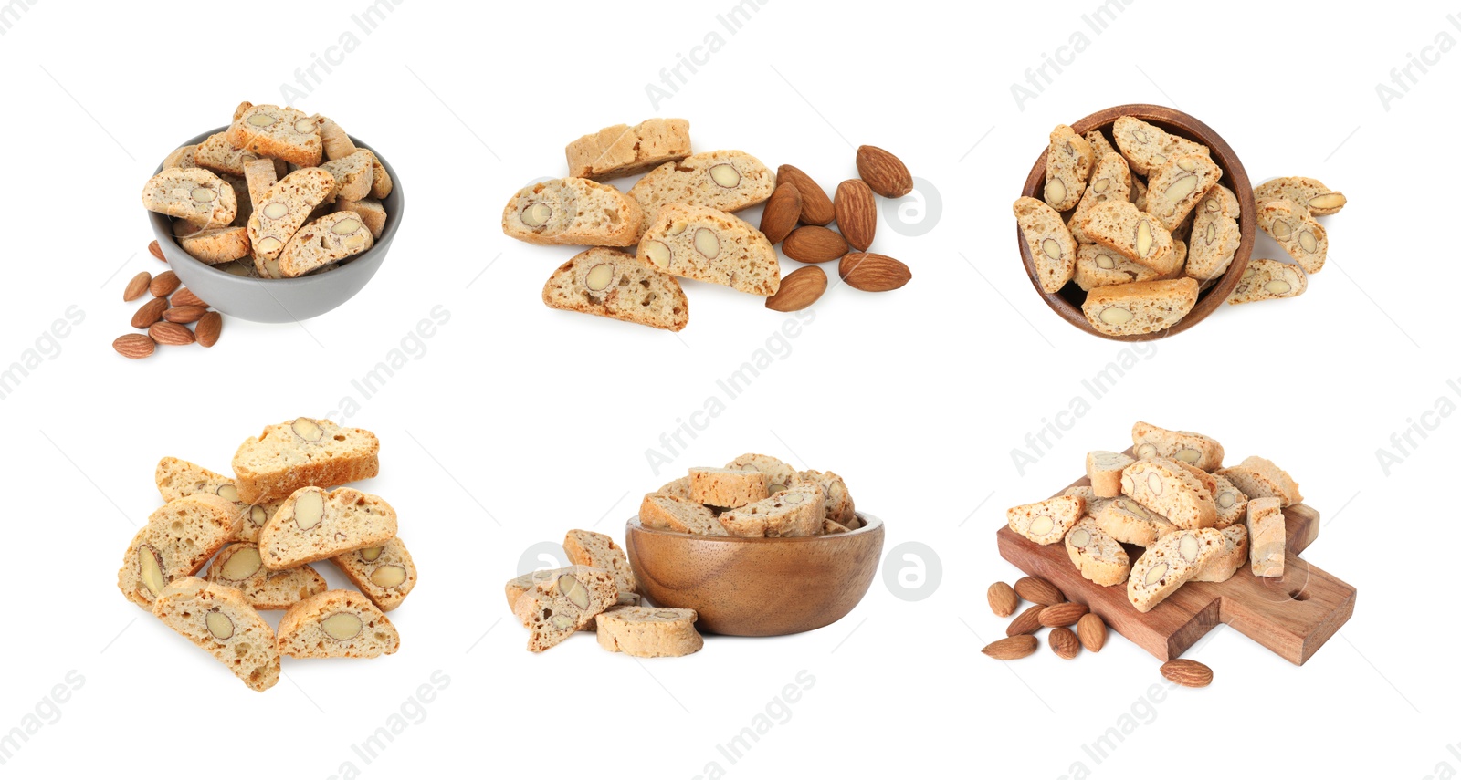 Image of Tasty cookies with almond nuts isolated on white, set. Traditional Italian Cantuccini