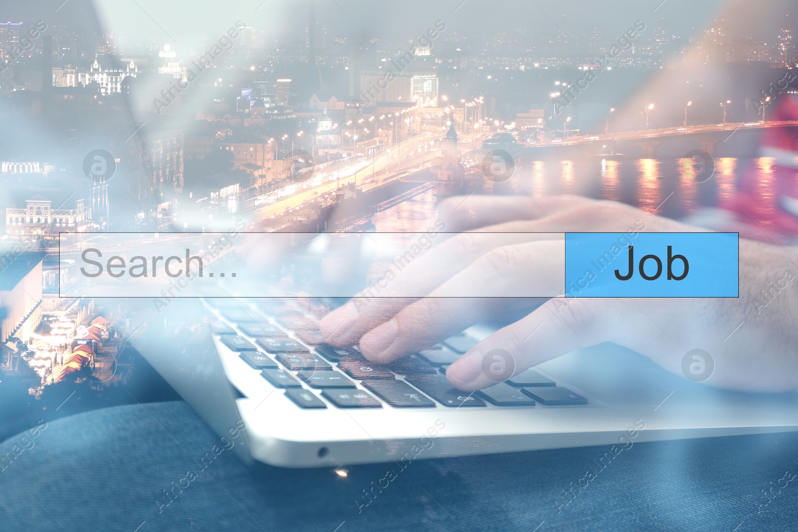 Image of Job Search. Man using laptop, closeup. Double exposure with night cityscape and search bar