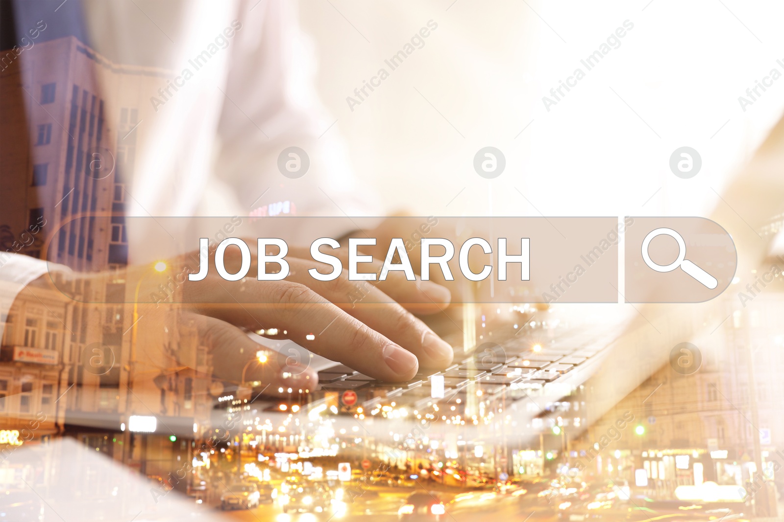 Image of Job Search. Man using laptop, closeup. Double exposure with night cityscape and search bar