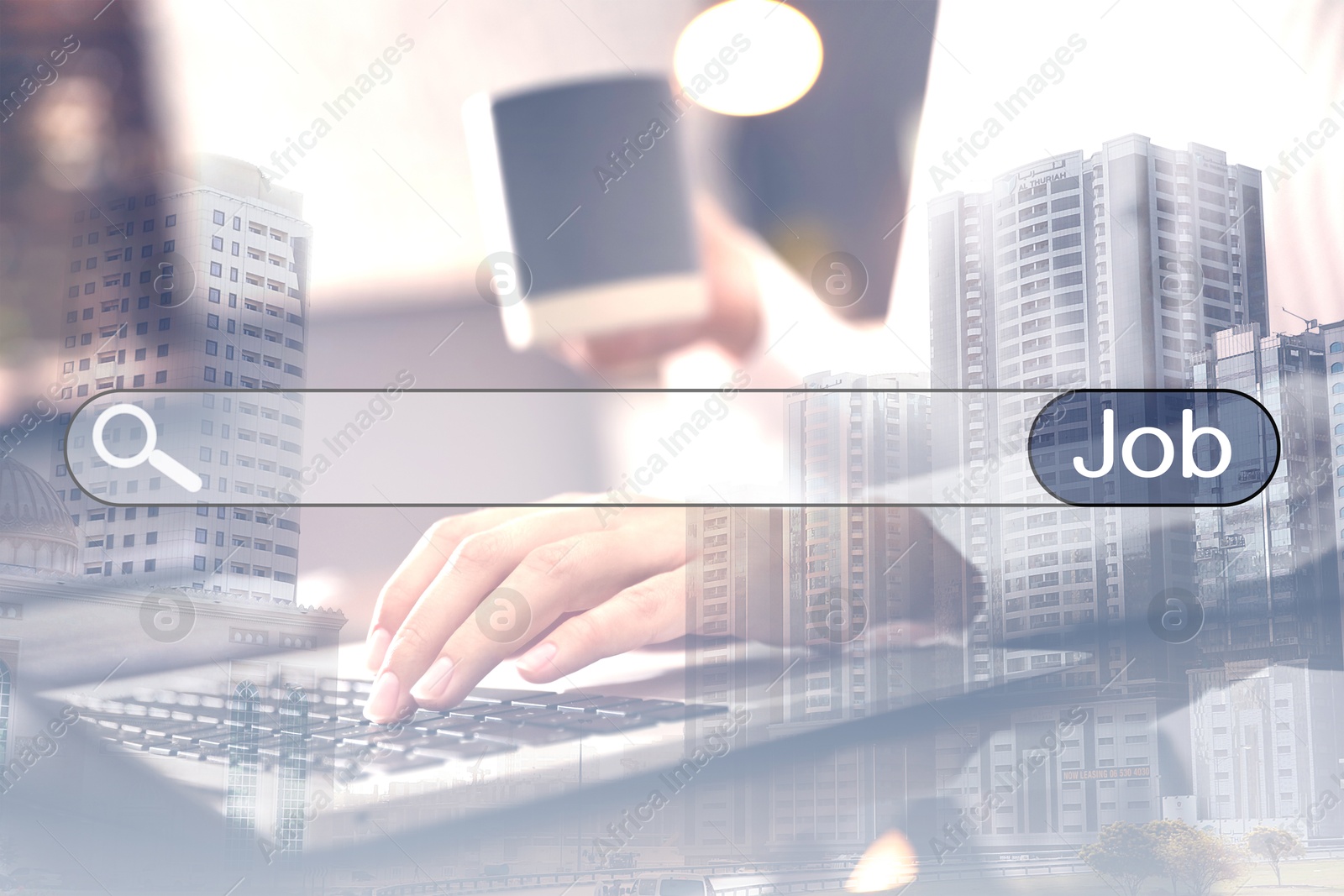 Image of Job Search. Woman using laptop, closeup. Double exposure with cityscape and search bar