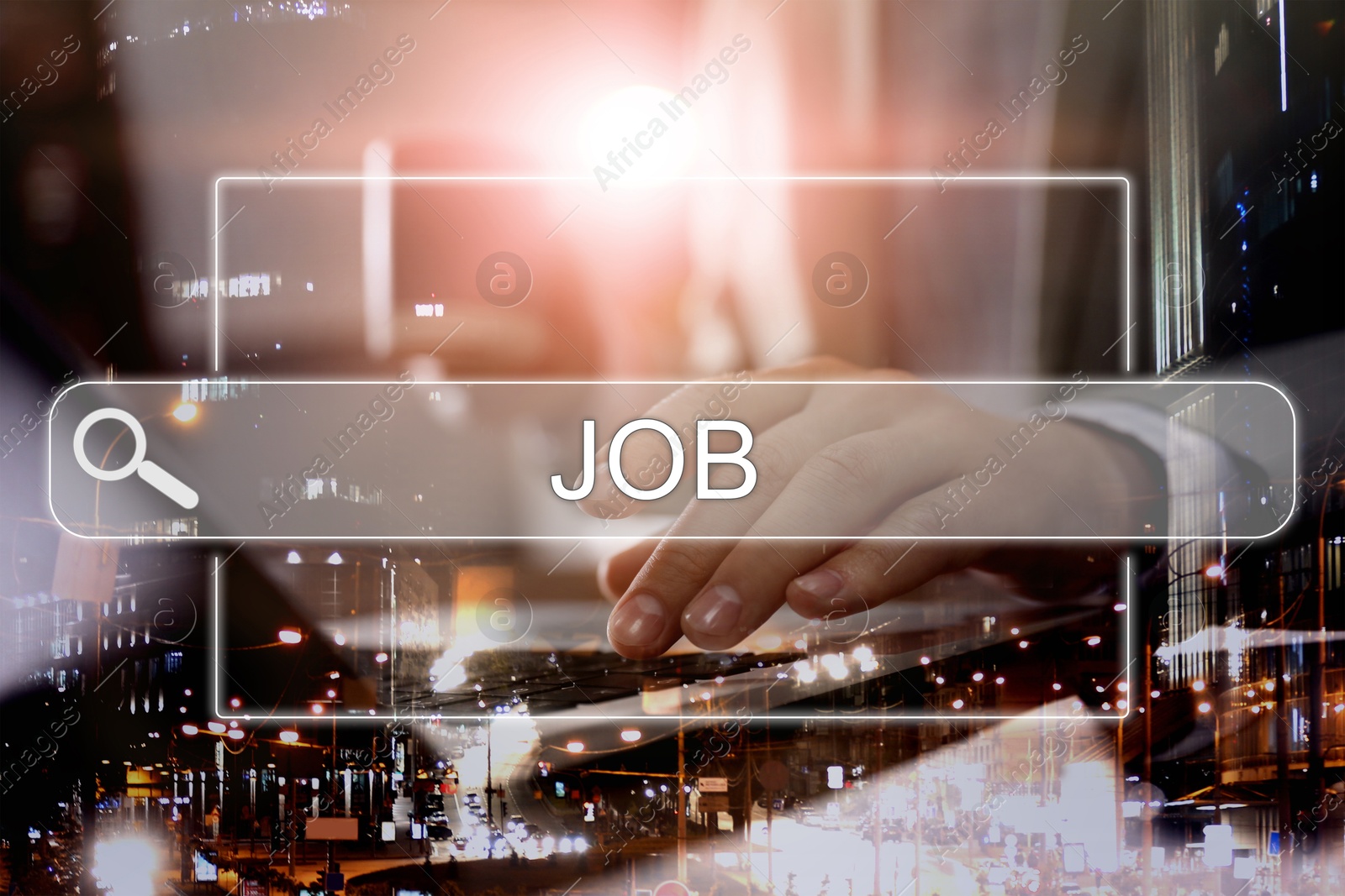 Image of Job Search. Man using laptop, closeup. Double exposure with night cityscape and search bar