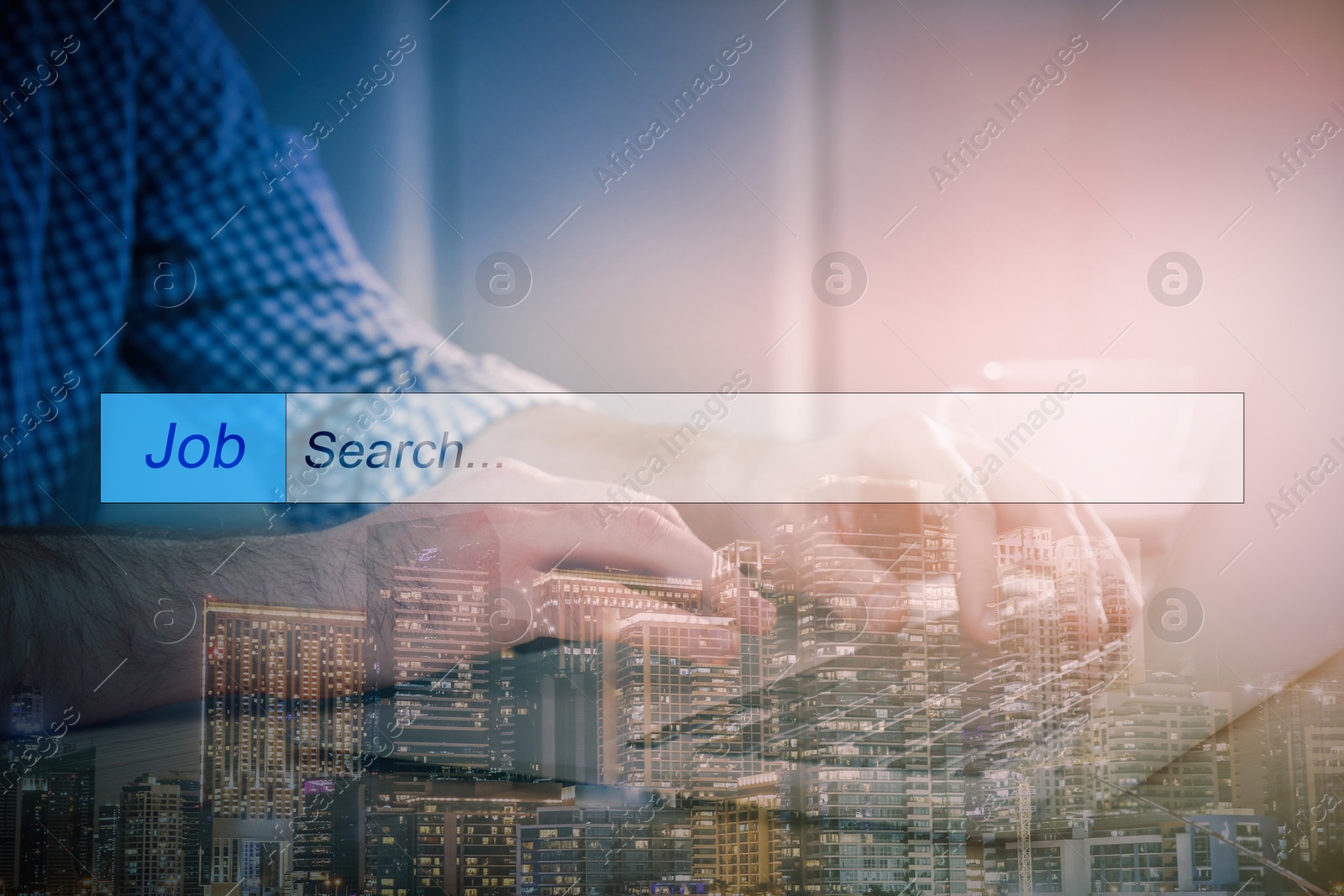 Image of Job Search. Man using laptop, closeup. Double exposure with night cityscape and search bar