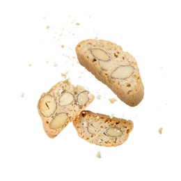 Image of Tasty cookies with almond nuts in air on white background. Traditional Italian Cantuccini