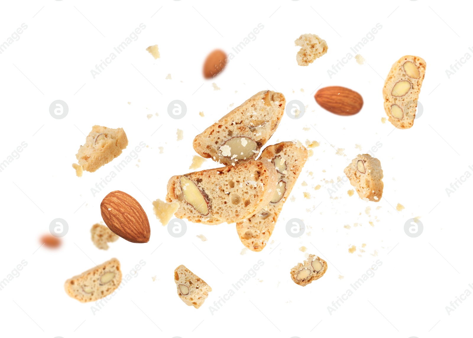 Image of Tasty cookies with almond nuts in air on white background. Traditional Italian Cantuccini