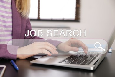 Image of Job Search. Woman using laptop, closeup. Search bar