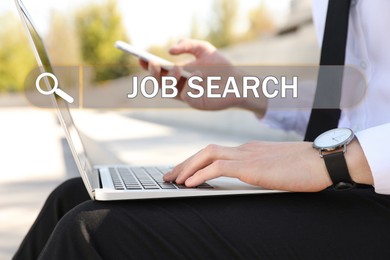 Image of Job Search. Man using laptop and mobile phone outdoors, closeup. Search bar with words