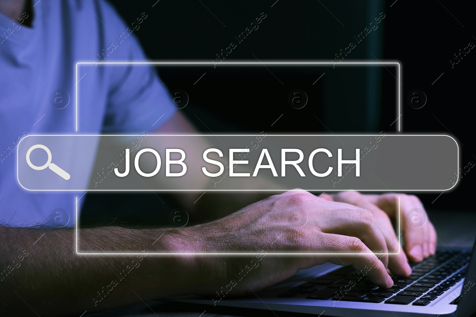 Image of Job Search. Man using laptop at night, closeup. Search bar with words