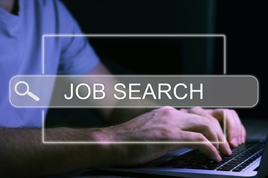 Image of Job Search. Man using laptop at night, closeup. Search bar with words