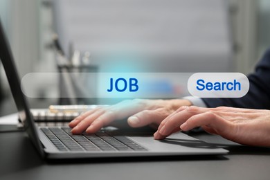 Image of Job Search. Woman using laptop, closeup. Search bar with words