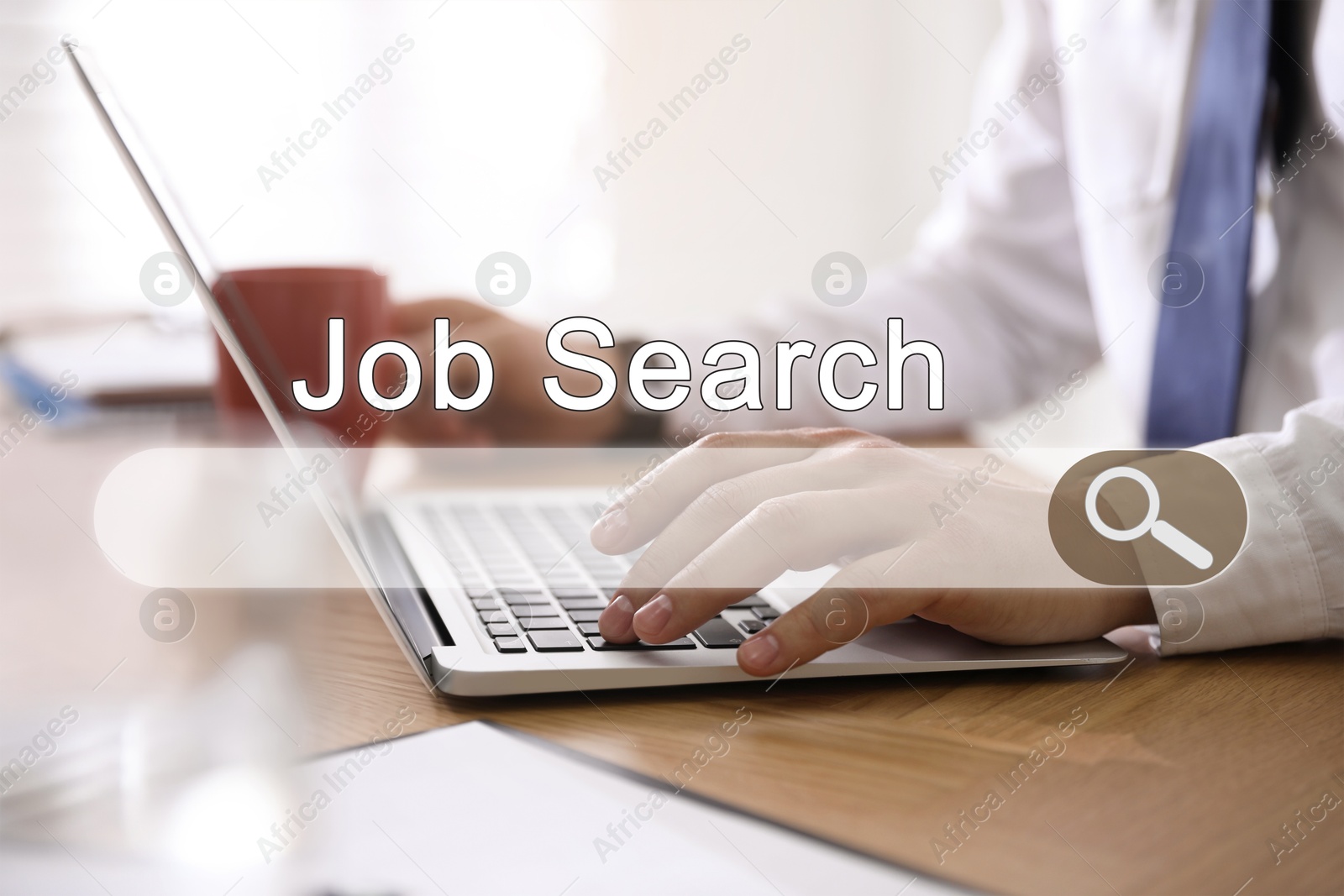 Image of Job Search. Man using laptop, closeup. Search bar