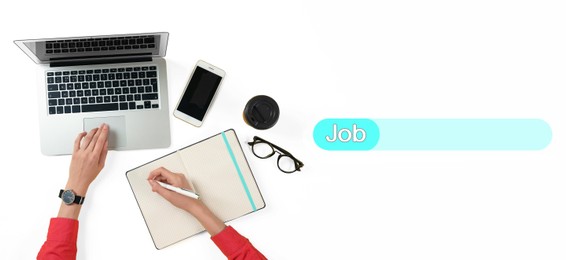 Image of Job Search. Woman using laptop on white table with search bar, top view. Banner design