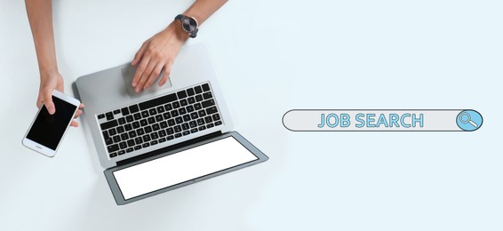 Image of Job Search. Woman using laptop on white table with search bar, top view. Banner design