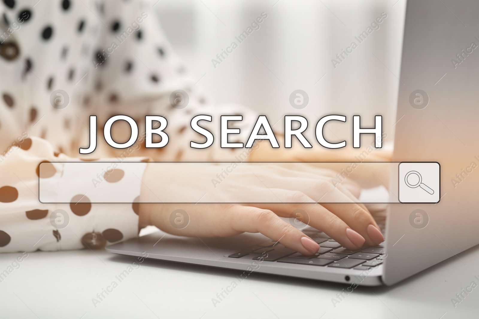 Image of Job Search. Woman using laptop at table, closeup. Search bar