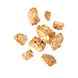 Image of Tasty cookies with almond nuts in air on white background. Traditional Italian Cantuccini