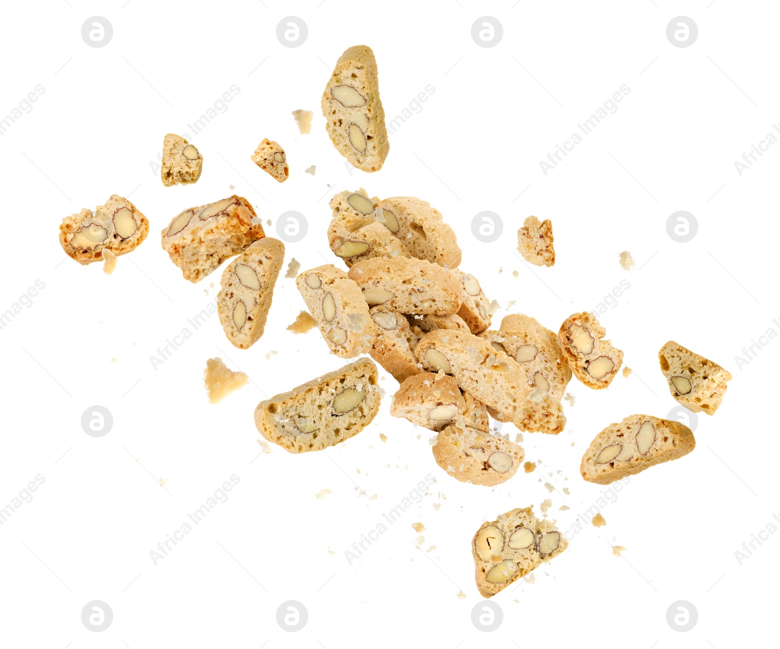 Image of Tasty cookies with almond nuts in air on white background. Traditional Italian Cantuccini