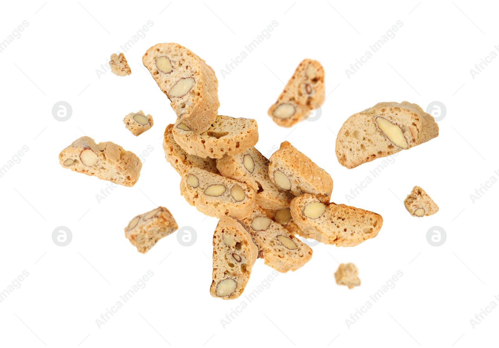 Image of Tasty cookies with almond nuts in air on white background. Traditional Italian Cantuccini