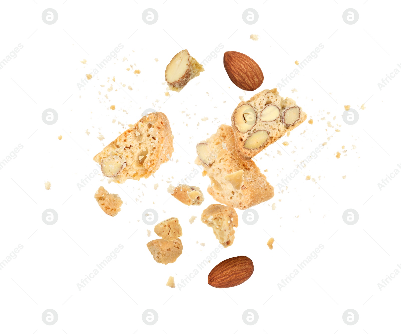 Image of Tasty cookies with almond nuts in air on white background. Traditional Italian Cantuccini