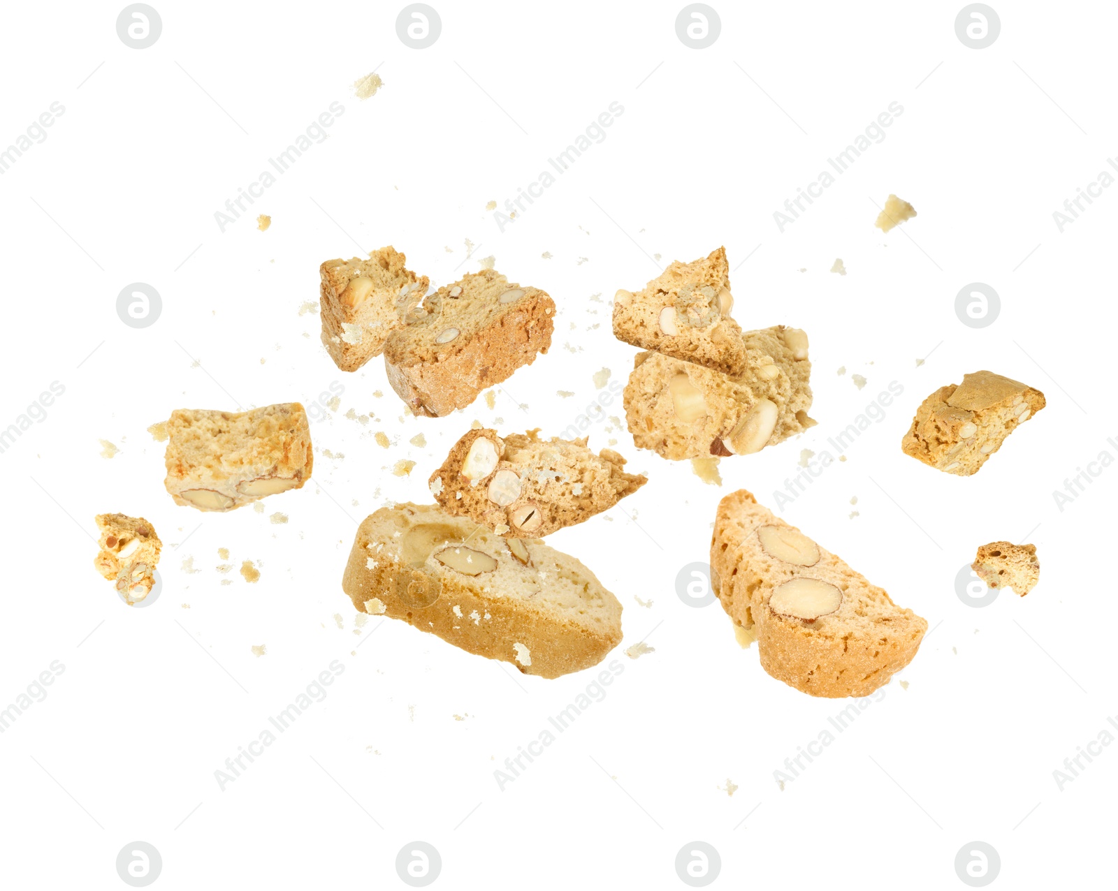 Image of Tasty cookies with almond nuts in air on white background. Traditional Italian Cantuccini