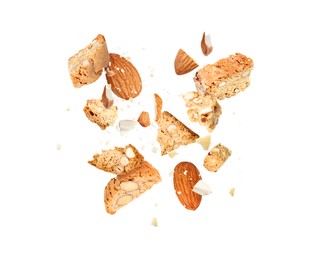 Image of Tasty cookies with almond nuts in air on white background. Traditional Italian Cantuccini