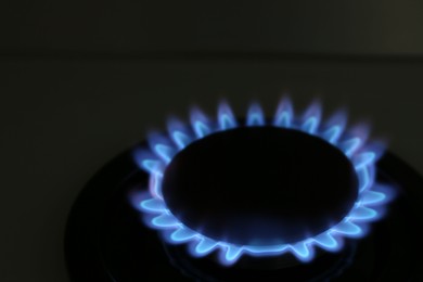 Photo of Gas burner of modern stove with burning blue flame at night