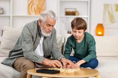 Grandpa and his grandson playing dominoes at table indoors