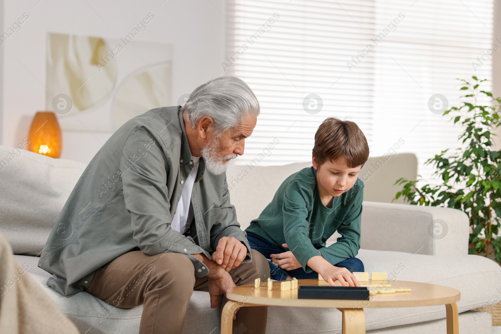 Photo of Grandpa and his grandson playing dominoes at table indoors