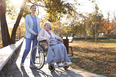 Caregiver with elderly woman in wheelchair at park. Space for text