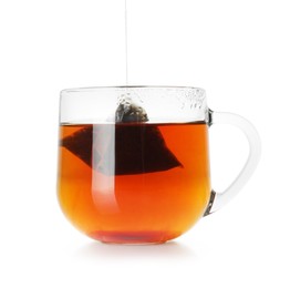 Photo of Cup with tea bag isolated on white