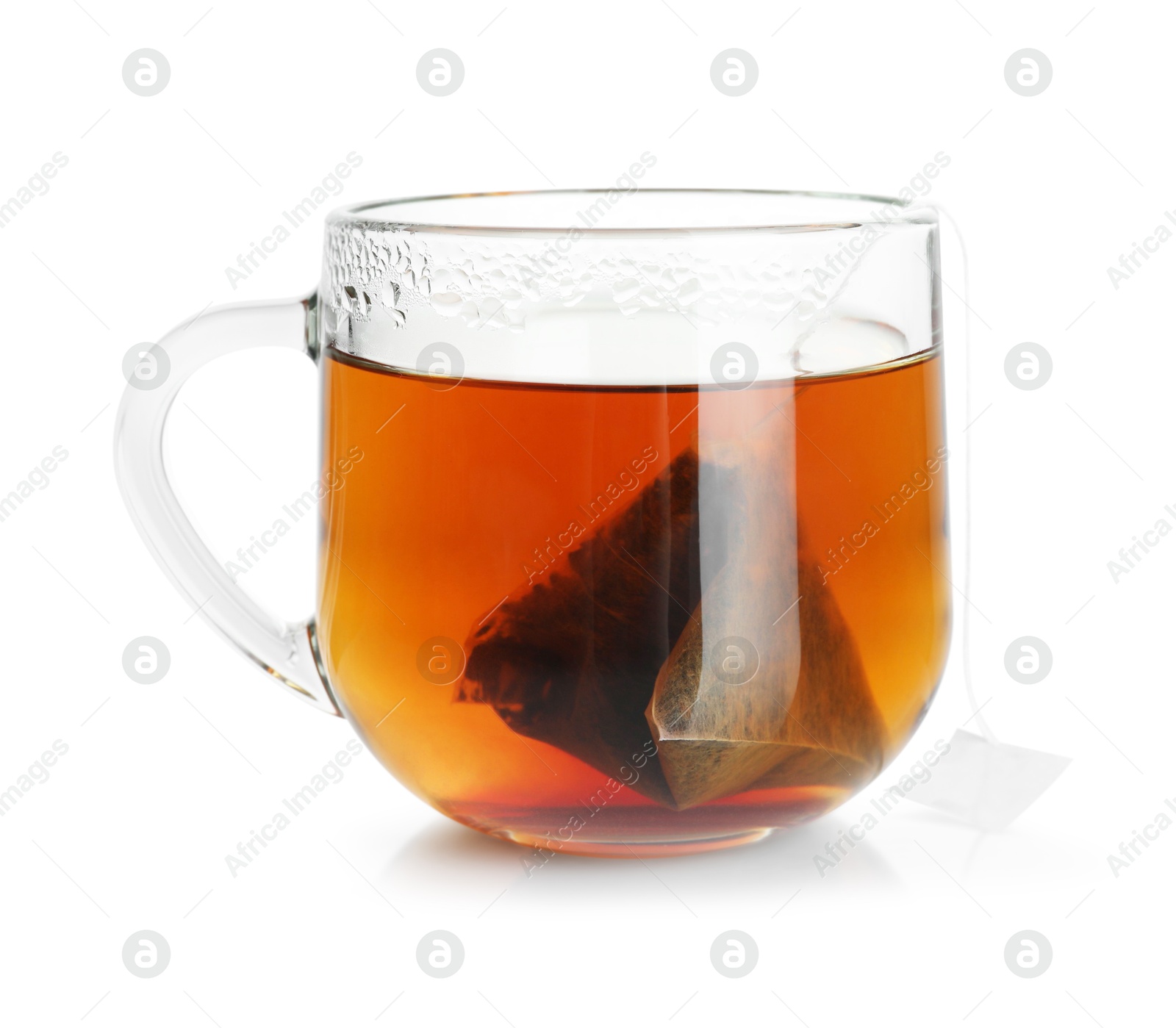 Photo of Cup with tea bag isolated on white