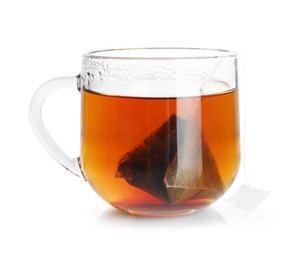 Photo of Cup with tea bag isolated on white