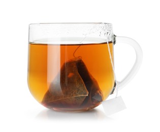 Photo of Cup with tea bag isolated on white