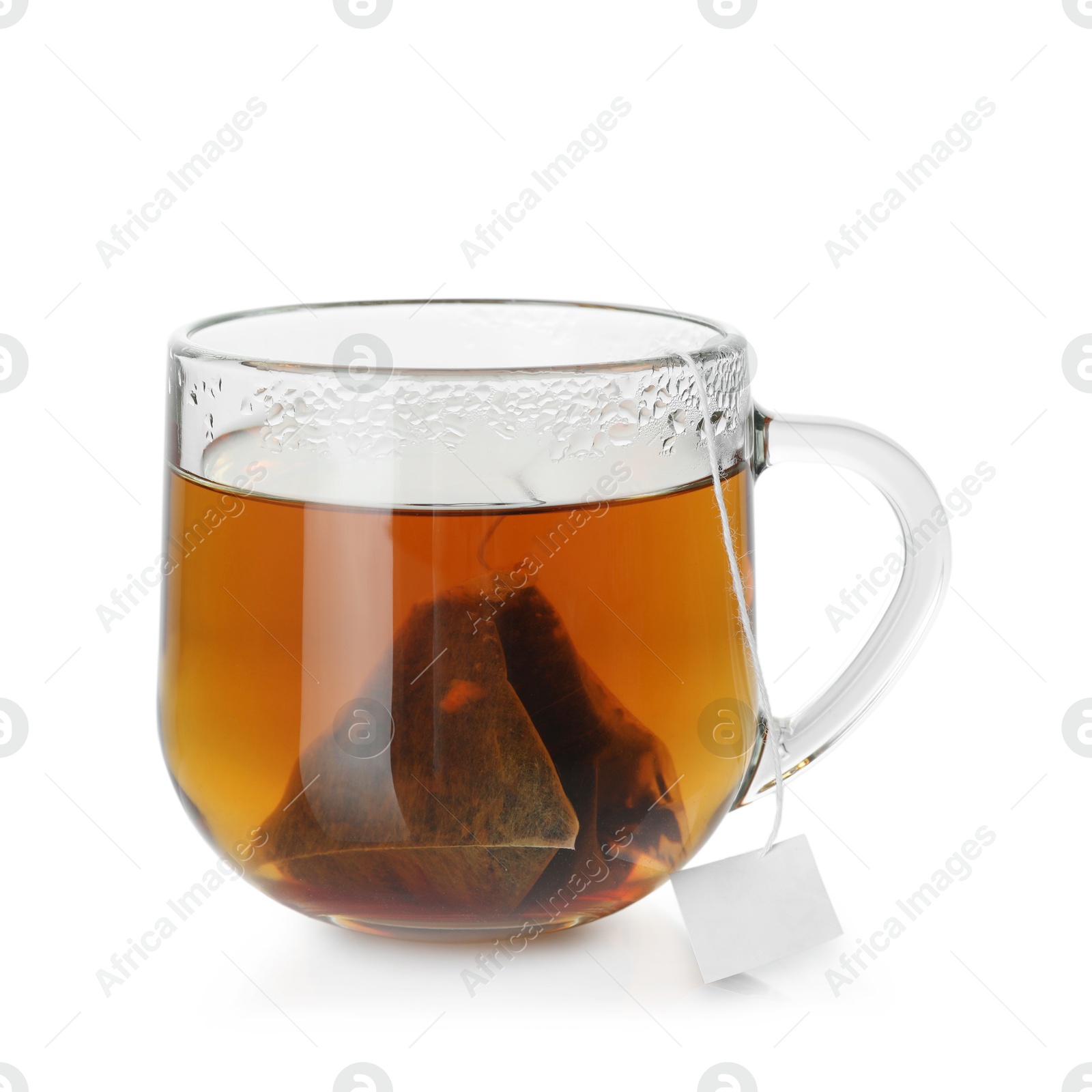 Photo of Cup with tea bag isolated on white