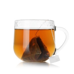 Photo of Cup with tea bag isolated on white