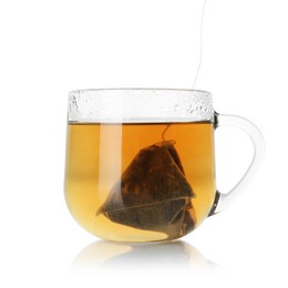 Photo of Cup with tea bag isolated on white